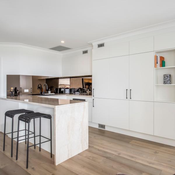 TUV Handless PVC Kitchen Cabinet White Matt Lacquer Finish