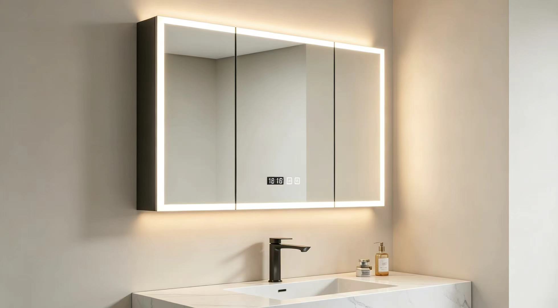 Kingstin Wood Grain Stainless Steel LED Bathroom Mirror Cabinet with Open Storage Shelf & Touch Control Light