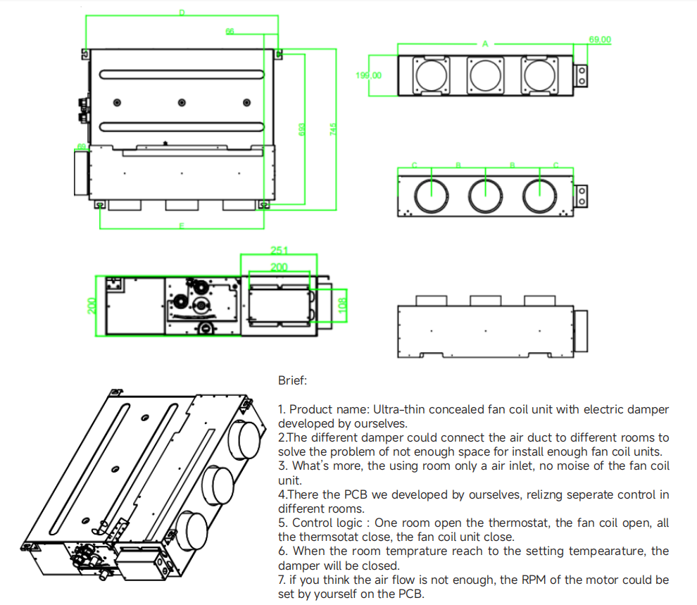 Compact Ultra Slim Fan Coil Horizontal Concealed Ceiling Chilled Water FCU