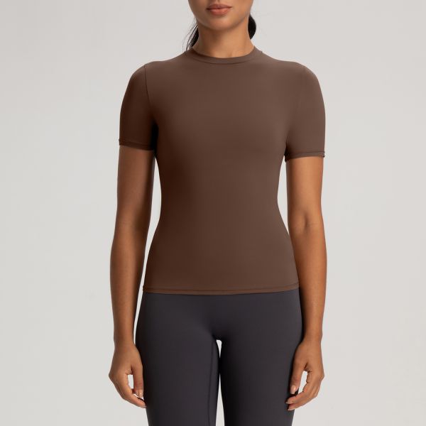 Ultra Soft Stretch Short Sleeve Women Activewear Tops Brown Moisture Wicking