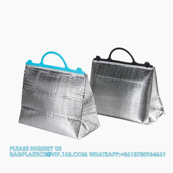 Aluminum Foil Insulated Tote Bags With Plastic Handle Reusable Cooler And Thermal Bag For Food Carry