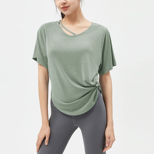 Women's Loose Fit Athletic Yoga Top Short Sleeve with Crisscross Neckline Side Knot