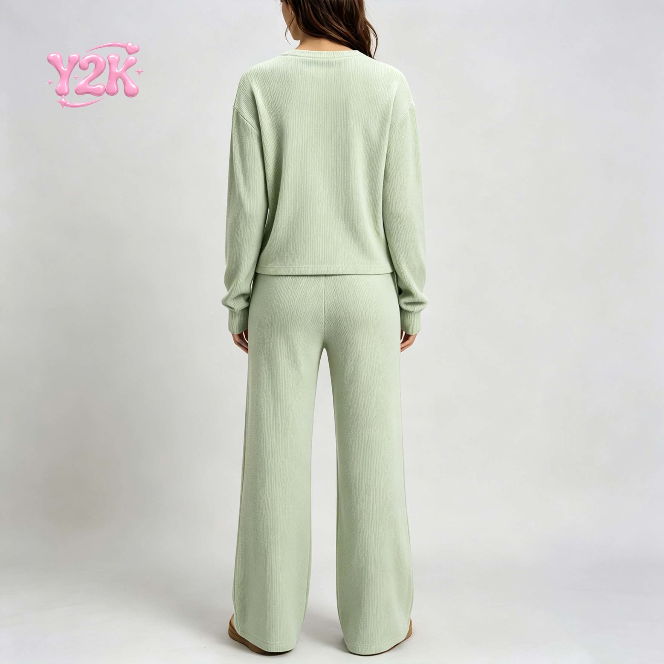 Custom Women's Ribbed Knit Top Wide Leg Pants Lounge Set