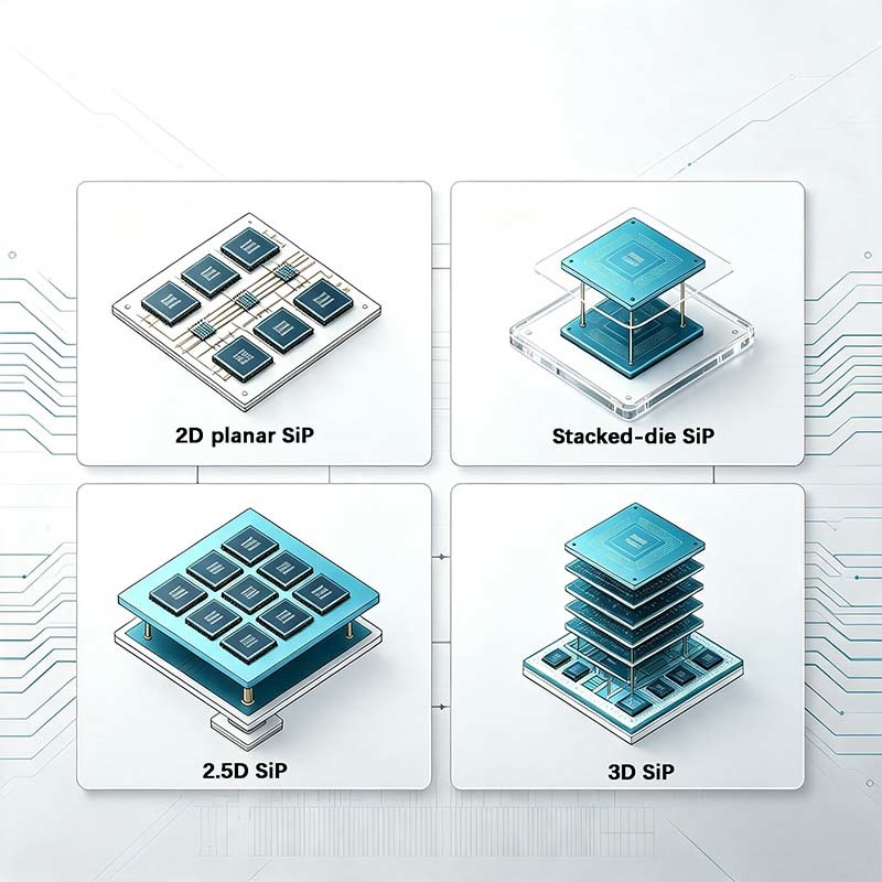 SiP ( System ‑ in ‑ Package ) includes 2D planar SiP , stacked ‑ die SiP , 2.5D