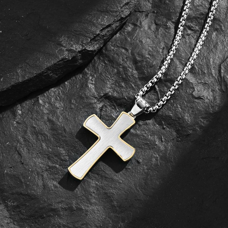 Simple Style Satin Cross Pendant Stainless Steel Necklaces Blue and Rose Gold Metal Prayer Choker for Men