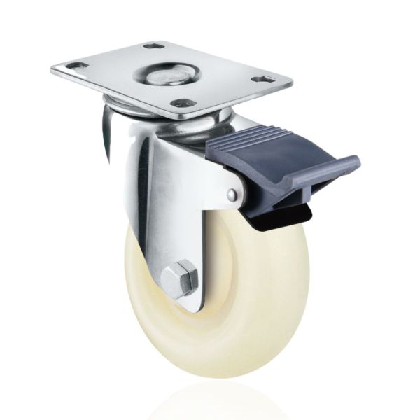 4 Inch PP White Caster Wheels Side Brake Swivel Trolley Wheels With Stainless Steel Plain Bearing