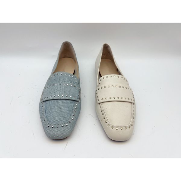 Soft Cow Ladies Genuine Leather Flat Shoes Beige With Studs Design