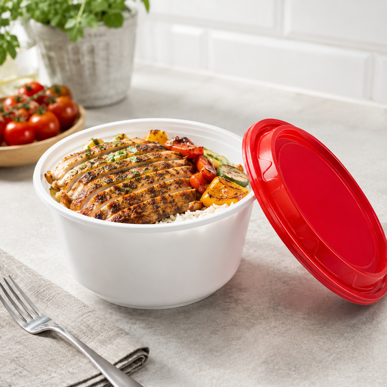 1200ml Wide White PP Disposable Soup Bowls Red Secure Lids for Meal Prep