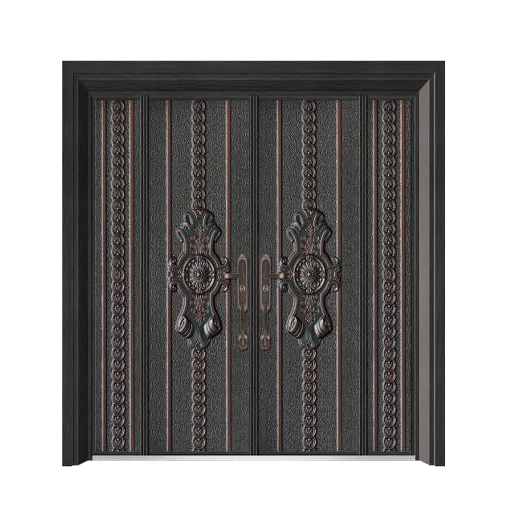 China Suppliers Luxury Front Security Exterior Doors Deep Embossing Double Leaf Panel Entry Front Steel Door for House with Smart Lock