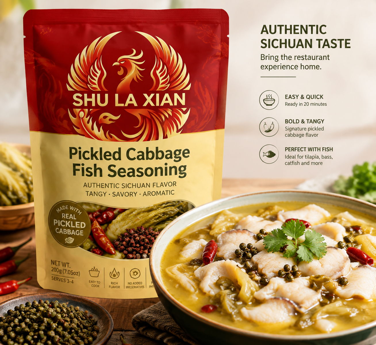 SHU LA XIAN Authentic Sichuan Pickled Fish Seasoning with Premium Pickled Mustard Greens and High Spiciness Level Hot Pot Soup Base