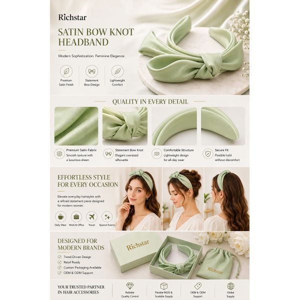 Richstar Satin Bow Knot Headband for Women – Premium Satin Finish with Lightweight Comfort and Secure Anti-Slip Fit