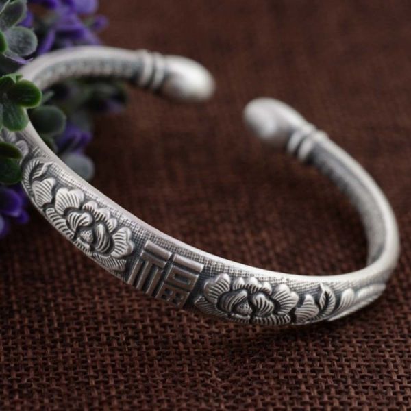 Women Sterling Silver Cuff Bracelet Engraved Fowers Blessings Retro Bangle (055733)