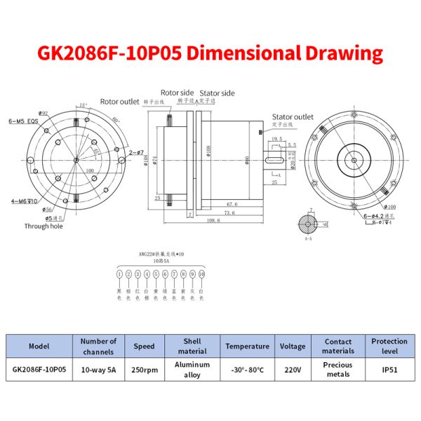 10-way 5A Flange-Mounted Slip Ring with Aluminum Alloy Housing for 250 RPM Rotation