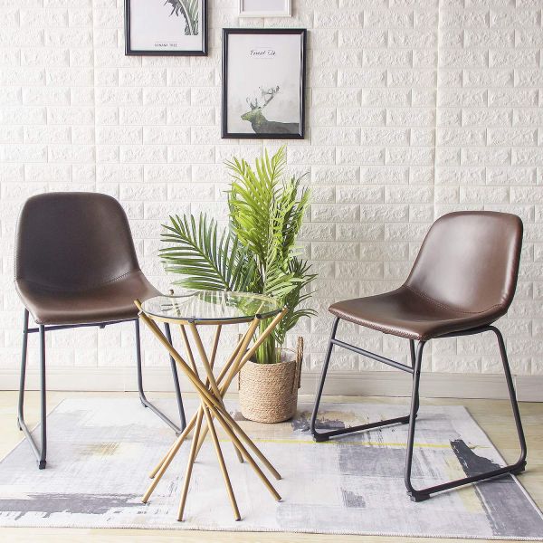 Brown Leather Dining Room Chairs PU Cushion Side With Back And Sturdy Metal Legs