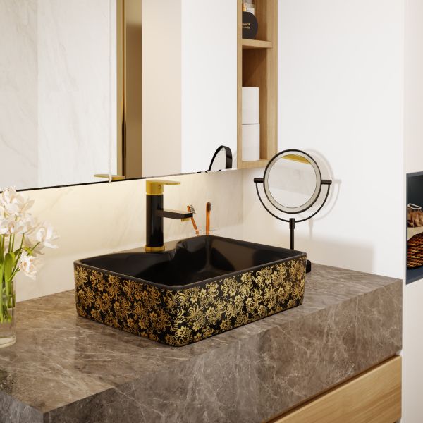 Electroplate Golden Square Ceramic Basin Table Top For Cabinet