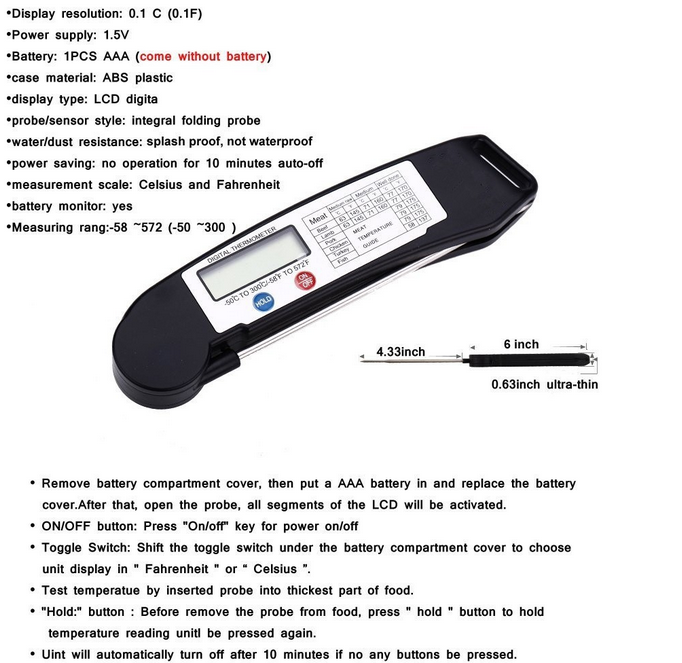 Digital Cooking Kitchen Probe Thermometer , Thermo Meat Thermometer With Stainless Steel Probe