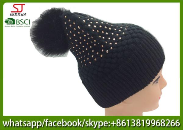 Chinese manufactuer free faux fur pompom knitting stripe hat  cap  patterns beanie 75g 18*24cm 100%Acrylic keep warm