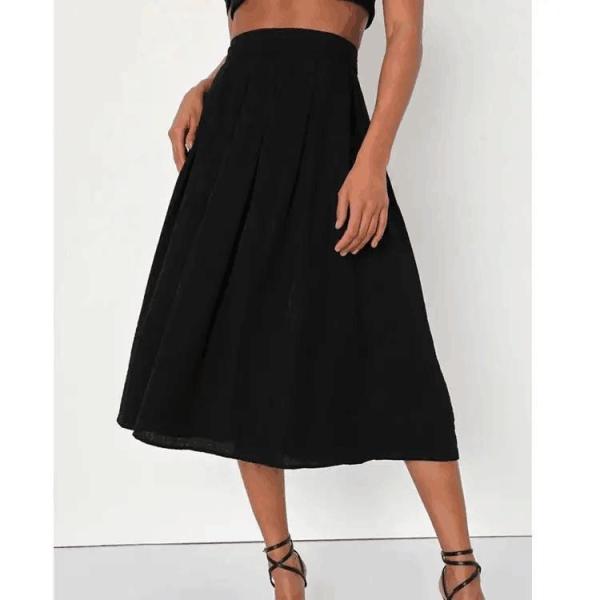                  Crinkle Woven Rayon Black Sleeveless Tie-Front Two-Piece Dress Smocked Crop Tank Top and High Waist Long Skirts Suits             