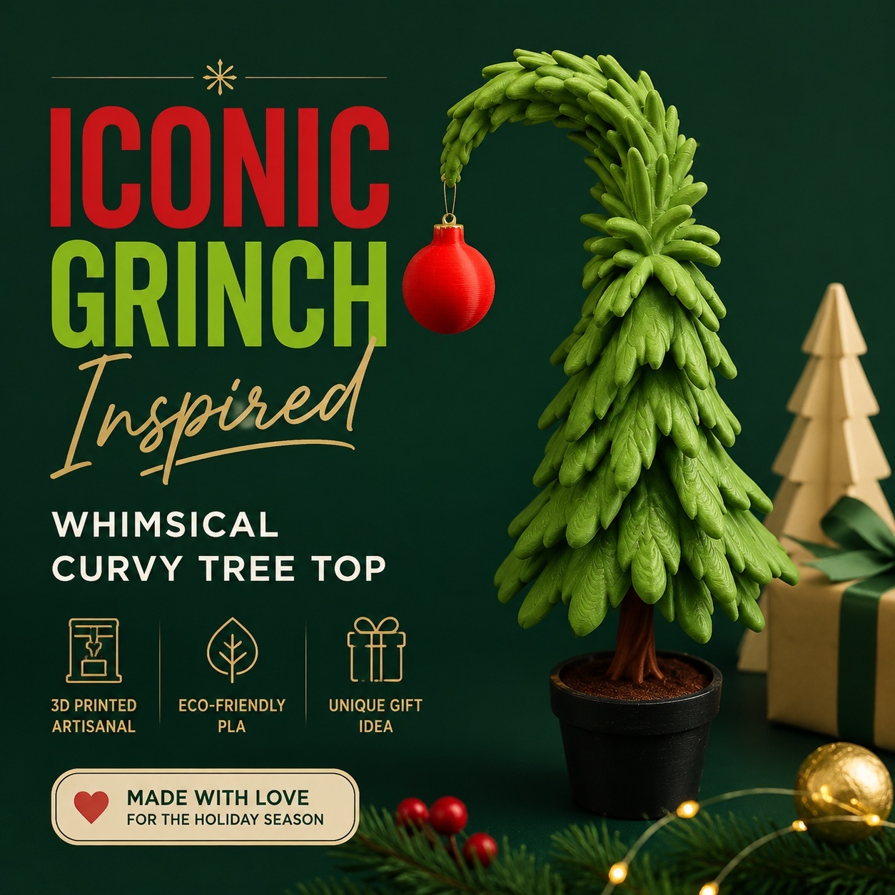 Whimsical Grinch Curved Shape 3D Printed Holiday Decoration, Potted Xmas Ornament For Tabletop Gifting