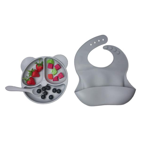 Food Plate Baby Dinnerware Silicone Feeding Set Customized Sizes Grey Bear Shape 3Pcs