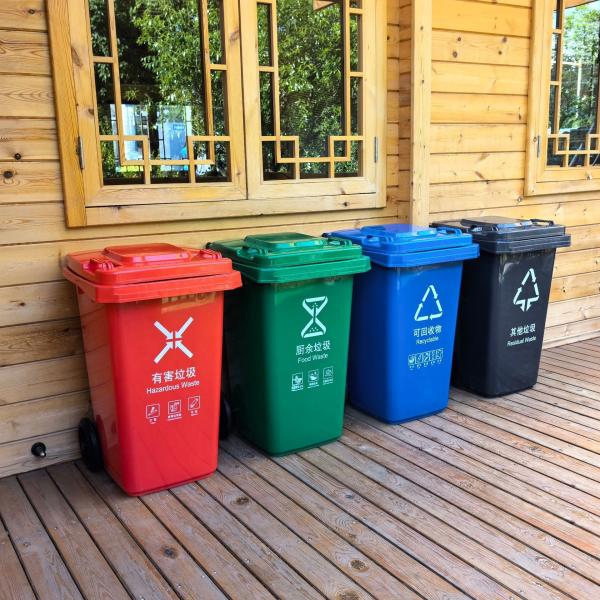 160L Mobile Dustbin Red Black Plastic Garbage Containers On Wheels