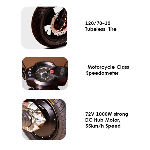 Two Wheels Electric Pedal Moped Scooter 55km/H 1000W 72V Battery