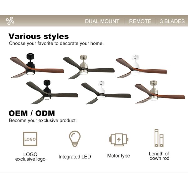 110-240V/50Hz-60Hz Voltagem de entrada V Ventilador de teto LED com corpo metálico e lâminas de madeira maciça