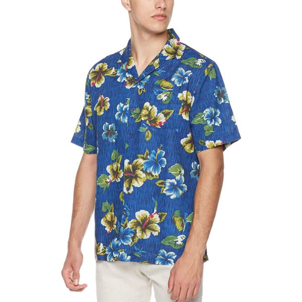 Printed Linen Mens Short Sleeve Tropical Shirts OEM Business Casual Hawaiian Shirt