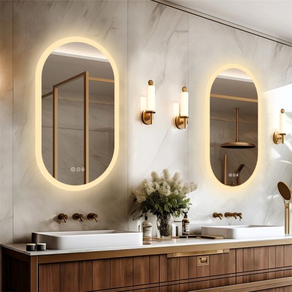 Dimmable 3 Colors Anti-Fog Light Memory IP65 CRI95 Large Wall Mounted Oval Mirror with lamp(WH-MR-102)
