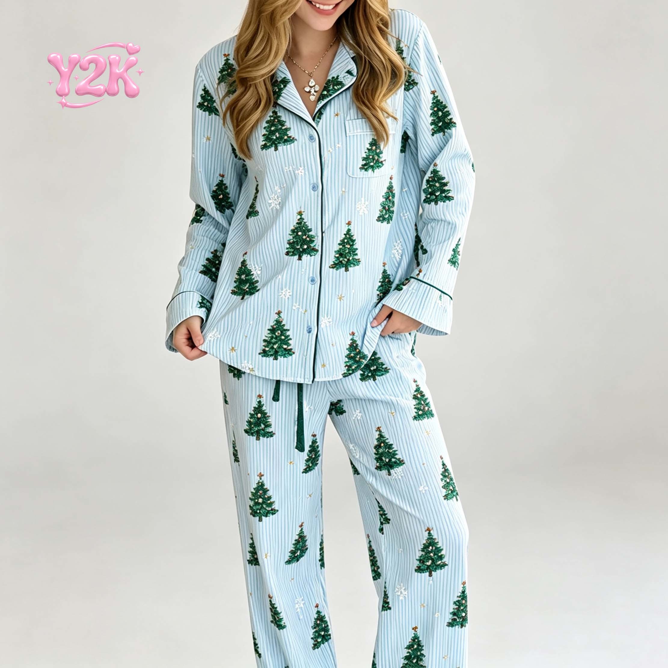 Custom Women's Christmas Tree Print Ruffle Cuff Pajama Set
