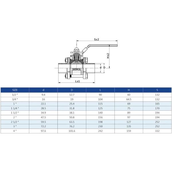 DN10~DN100 1 1/4in Stainless Steel Sanitary Valves Three Piece Ball Valve