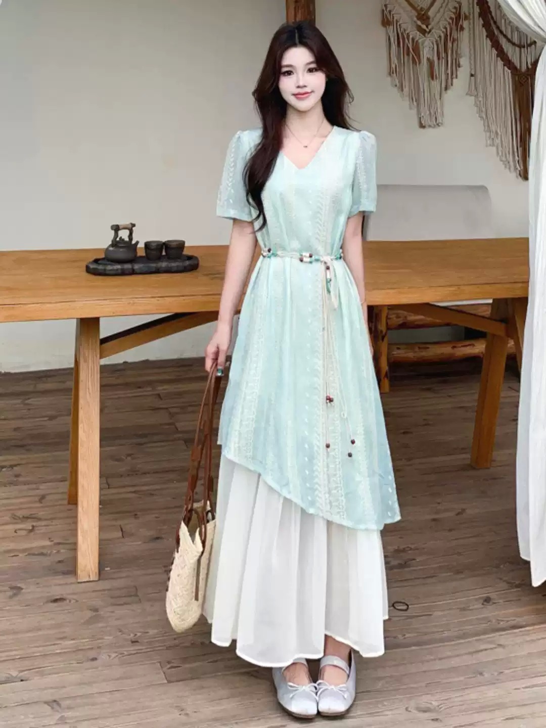 Women's V-Neck Asymmetric Layered Maxi Dress - Machine Washable Cotton Casual Wear
