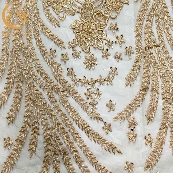 Luxury Gold Heavy Beaded Shiny Lace Fabric For Women Party Dresses