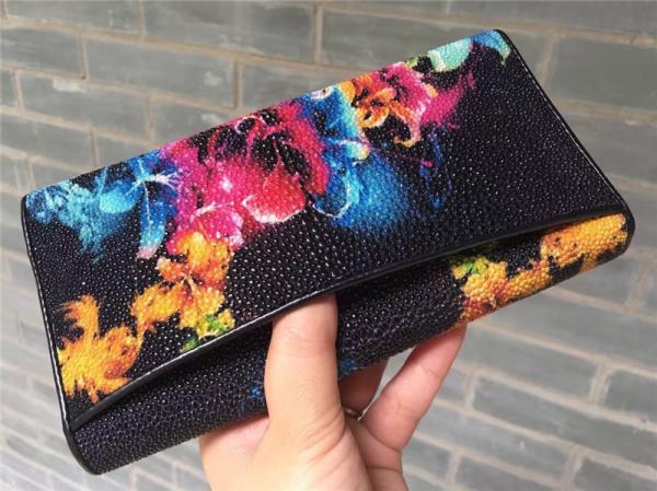 Authentic Stingray Skin  Closure Female Large Flower Purse Wallet Genuine Leather Lady Phone Clutch Women Card Holder