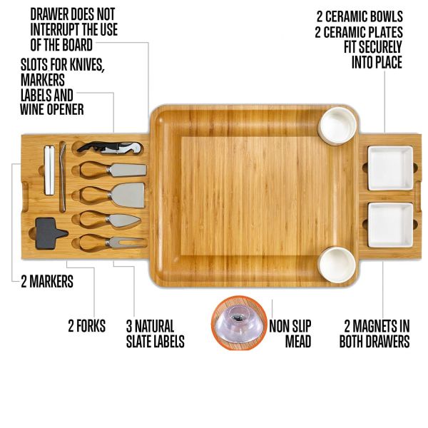 All-Season Bamboo Serving Tray with Cheese Board and Customized Logo Acceptable Knife Set