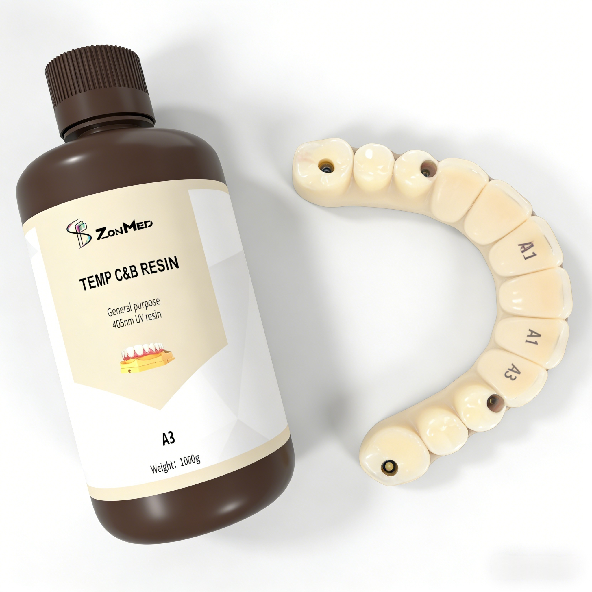 Self cured 3D printing temporary crown resin suitable for regular DLP printer and LCD printer offering polymerization method