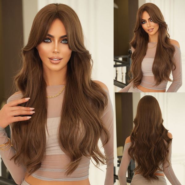 Fashion Long Body Wave Hair Light Brown Synthetic Wigs For Women