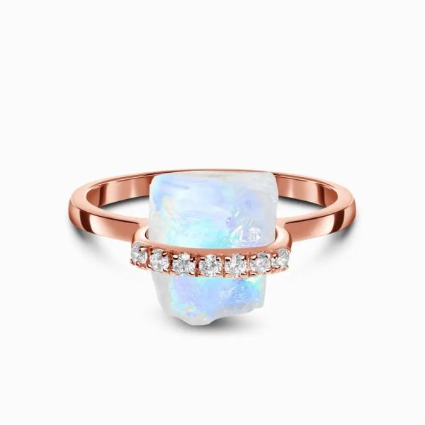 925 Sterling Silver Natural Raw Stone Moonstone Gemstone Jewelry Wedding Engagement Ring