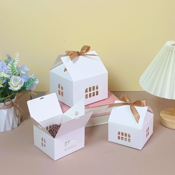 Gingerbread House Gift Box Set Kraft White Holiday Packaging Ribbon Tied Window Design Christmas Cookie Boxes