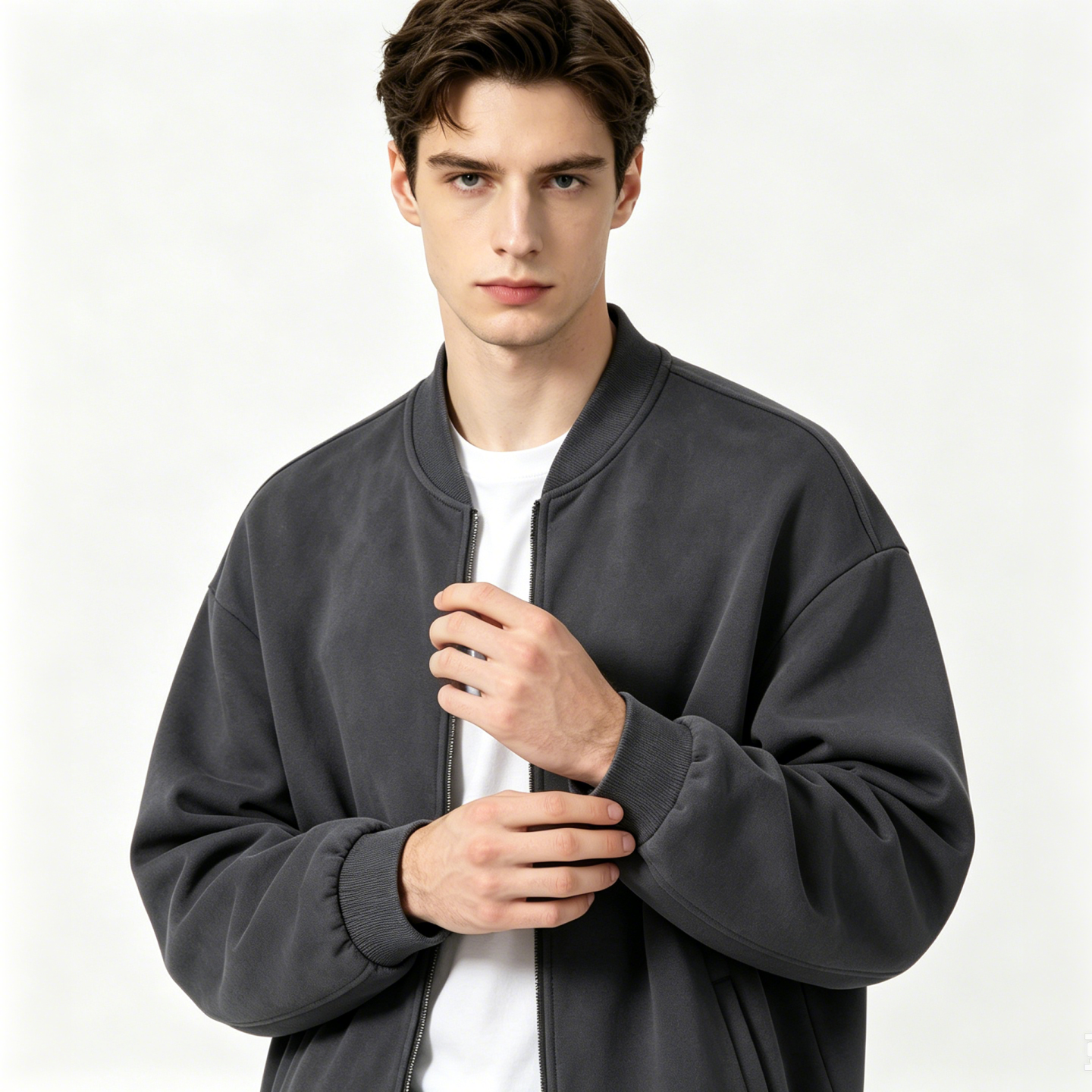 Men’s Vintage Washed Cotton Zip-Up Jacket 355G Casual Streetwear Fleece Lined Bomber