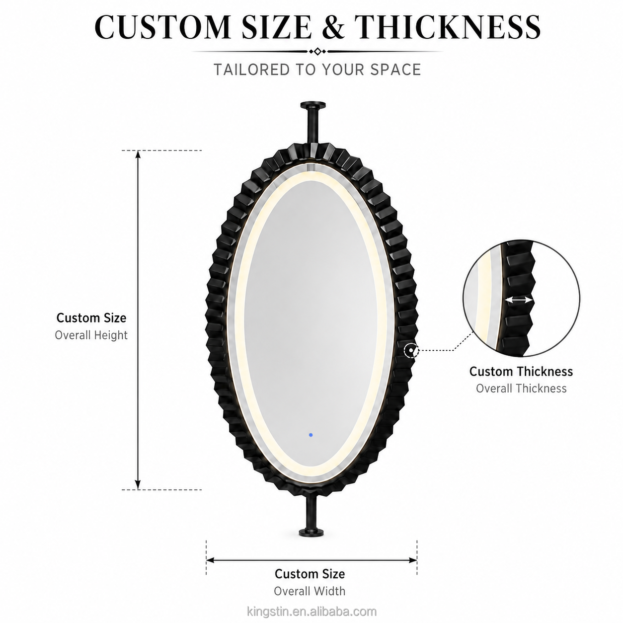 Kingstin Luxury Floating Suspended LED Mirror with Custom Size Black Stainless Steel Frame for Modern Bathrooms Hotel and Villas