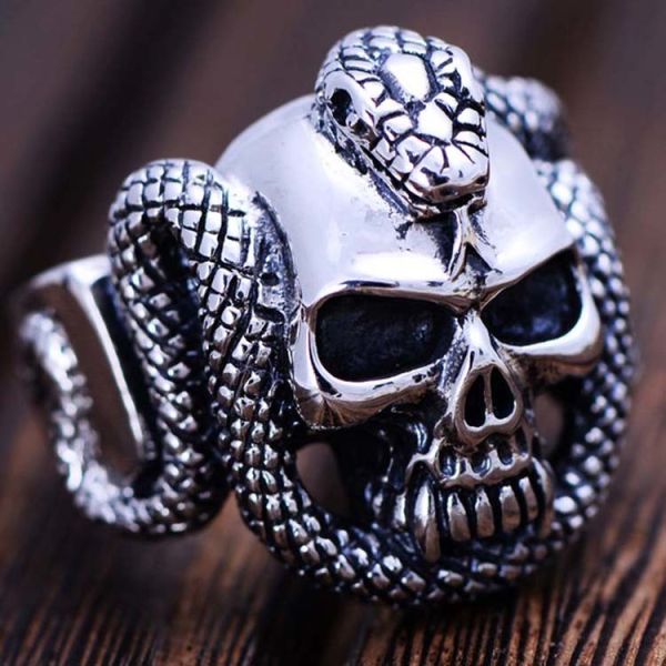 Mens Retro Vintage Sterling Silver Ring Engraved Skull and Snake Design(024572)
