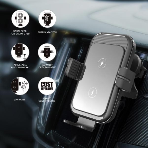 Dual Coil 15W Qi Fast Charging Auto Clamping Car Charger Phone Mount Designer Wireless Charger for Samsung Z Flip