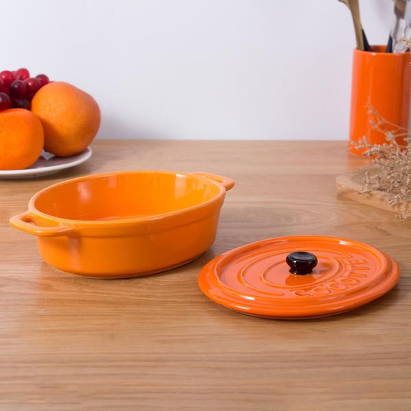 Microwave Oven Safe Glazed Two Ear Handle Porcelain Gratin Bowl With Cover