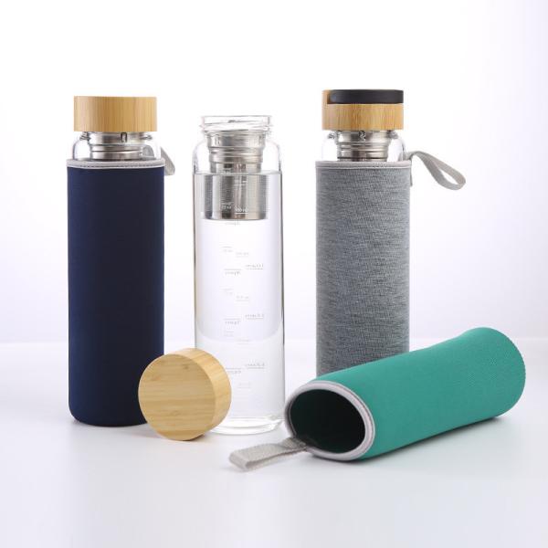 500ml Natural Bamboo Lid Glass Tea Bottles Infuser With Capacity Marker