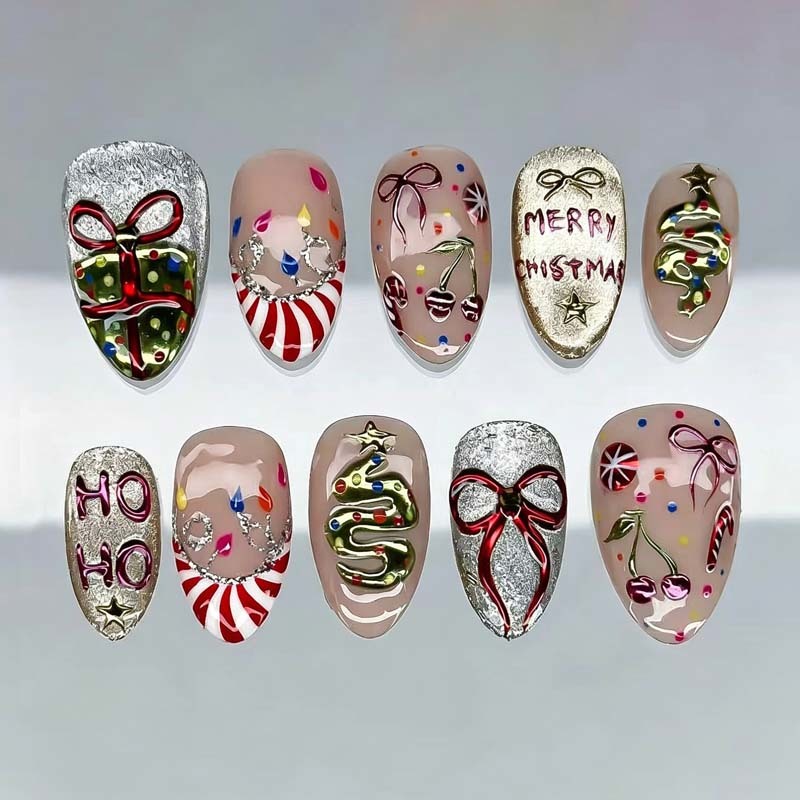 Wholesale Gift Bow Christmas Holiday Fake Nails Almond Nude Candy Cane Tree