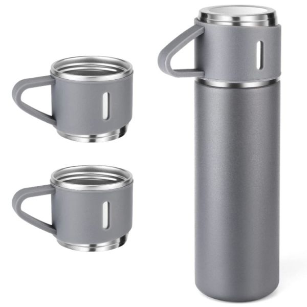 500ml Double Wall Stainless Steel Portable Luxury Gift Bottle Set With Two Coffee Cup Grey