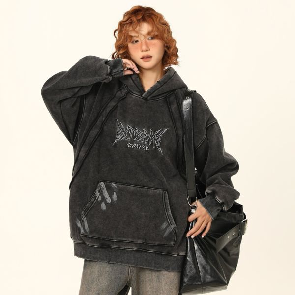 Black Acid Washed Washed Vintage Oversized Unisex Polyester/Cotton Fleece Pullover Hoodie Winter Pocket Windproof Breathable