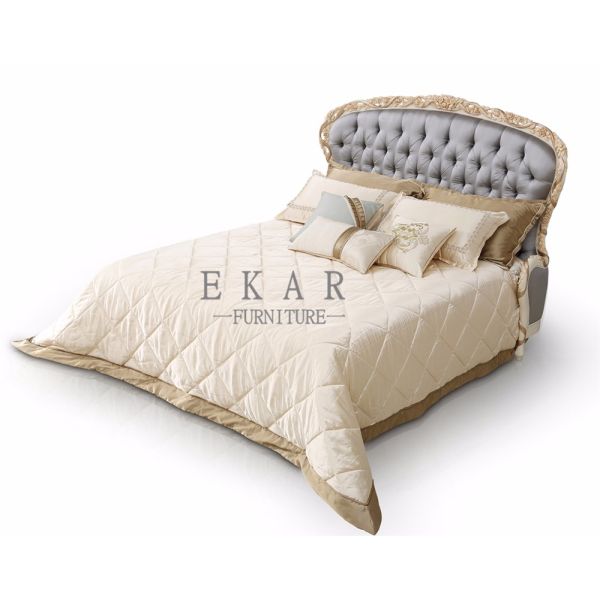 Antique Soild Ash Wood Luxury Carved Upholstered Fabric Royal King Size Bed