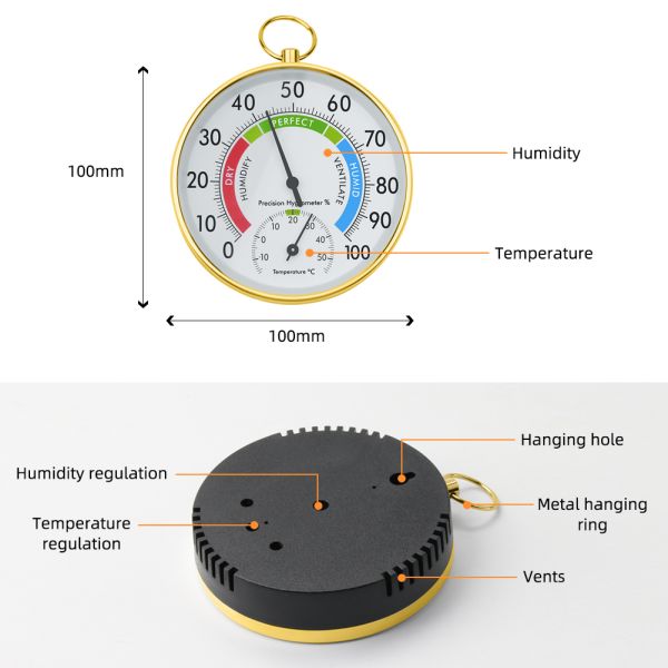 Battery-Free Mechanical Hygrometer Thermometer with Color-Coded Humidity Display and Wide Measurement Range for Indoor Climate Monitoring
